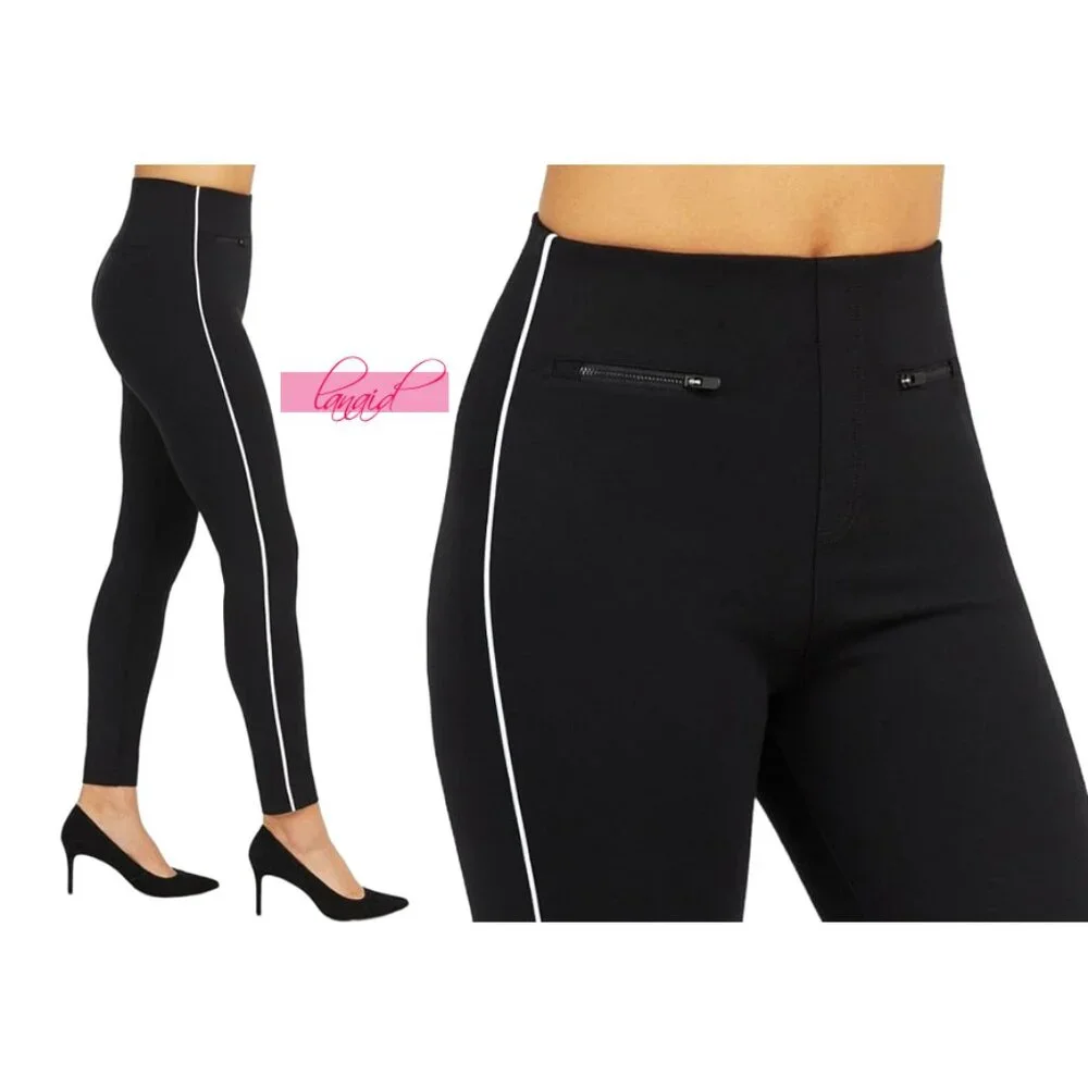 Spanx Perfect Pant Ankle Piped Skinny Classic Black Zipper Pockets Edgy Ponte S